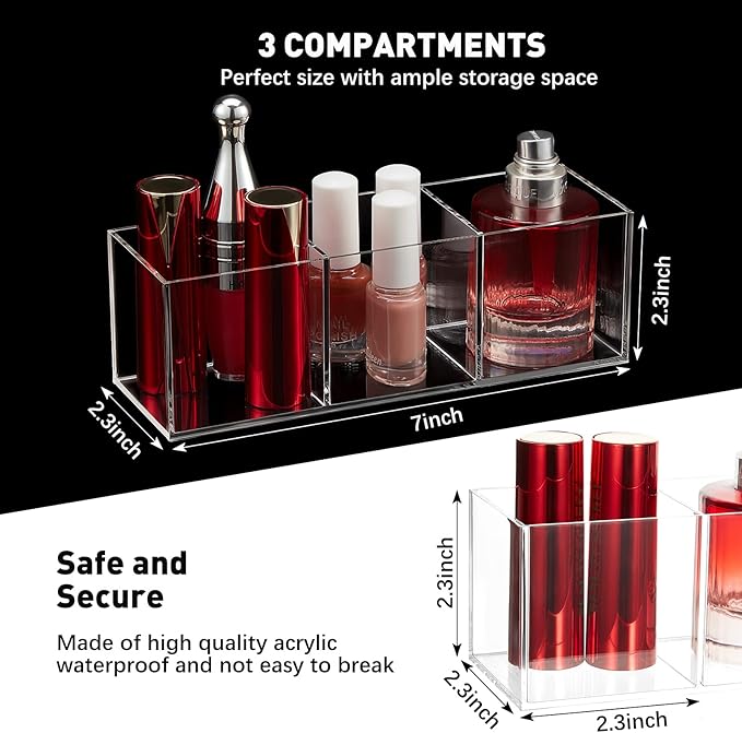 Epakh 2 Pcs Acrylic Cube Organizer 3 Compartments Makeup Pen Holder | Clear Transparent Color, Drawer Brush Organizer, Back to School Supplies, Mini Acrylic Cubes, Desk Office Vanity