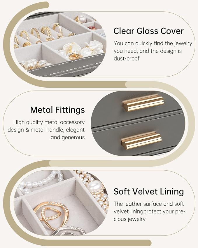 AKOZLIN Jewelry Box with Clear Lid Functional Leather Jewelry Storage Organizer Case 2 Drawers for Women Girls Necklace Ring Bracelet Earring