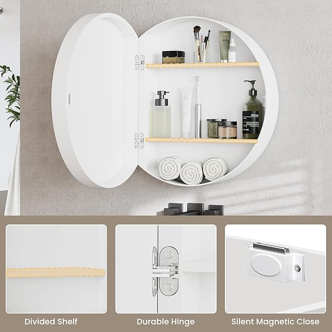 20'' Round Medicine Cabinet with Mirror, Modern Bathroom Vanity Mirror Cabinet with Storage Shelf, Circular Wall Mount Mirrored Cabinet, Farmhouse Medicine Cabinet for Home, Bathroom(White)