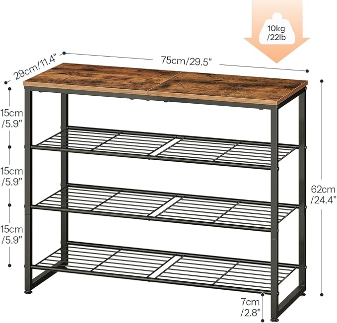 HOOBRO Shoe Rack, 4-Tier Narrow Shoe Organizer for Entryway, Holds 12-16 Pairs of Shoes, Metal Shoe Shelf with Removable Tier, Adjustable Feet, for Closet and Hallway, Rustic Brown and Black BF49XJ01
