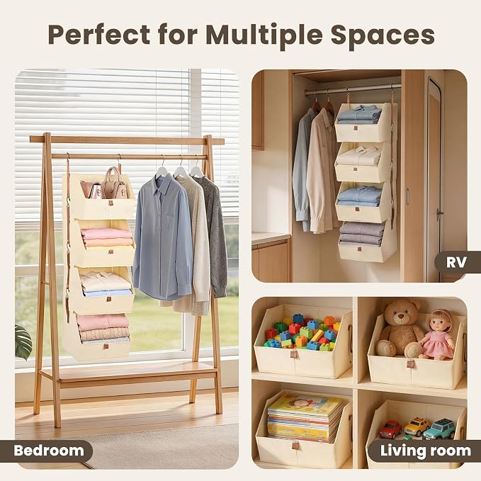 4-Tier Modular Sturdy Hanging Closet Organizer, Heavy-Duty Detachable Clothes Hanging Shelves with Reinforced Zippers and 8 Durable Hooks, Hanging Camper Organizer for Bedroom, RV, Nursery