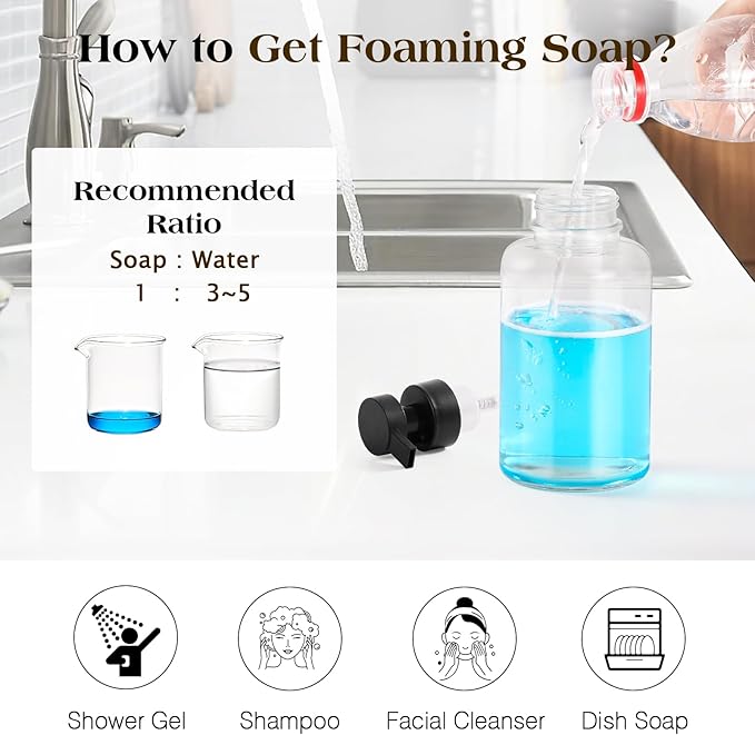 Luxspire Foaming Soap Dispenser, Glass Foam Pump Soap Dispenser, Non-Slip Hand Soap Bottle with 5 Waterproof Labels, 15 Oz Refillable Liquid Soap Bottle for Bathroom & Kitchen, Clear, 2 Pack