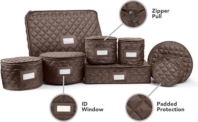 Covermates Keepsakes Dish Storage Set – Padded China & Dinnerware Storage Cases with Dividers, Cup & Stemware Storage, Quilted Polyester Protection, ID Window, Bronze