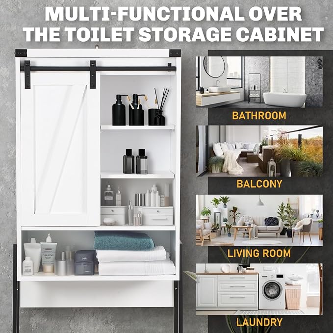 Over Toilet Storage Cabinet with Barn Door & Adjustable Shelves | 24 Inch Wide Bathroom Organizer, Space-Saving, Sturdy Wood, Anti-Tipping, Easy Assembly, for Restroom, Laundry, Small Spaces