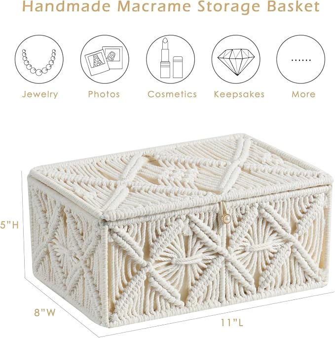Decorative Boho Storage Baskets with Lid Bohemian Macrame Jewelry Box Handmade Natural Cotton Rope Woven Bins Memory Keepsake Photo Makeup Organizer Shelf Container (Off White, Large)