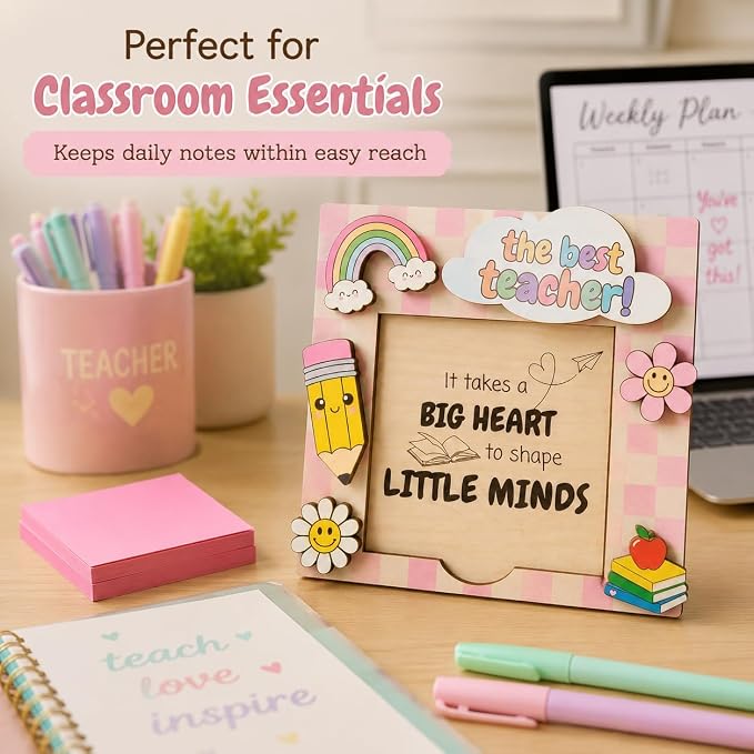 Sticky Note Holder for Desk, Teacher Sticky Note Holder, Teacher Desk Must Haves, 5 x 5 Wooden Organizer, Fits 3 x 3 Notes, Back to School Gift