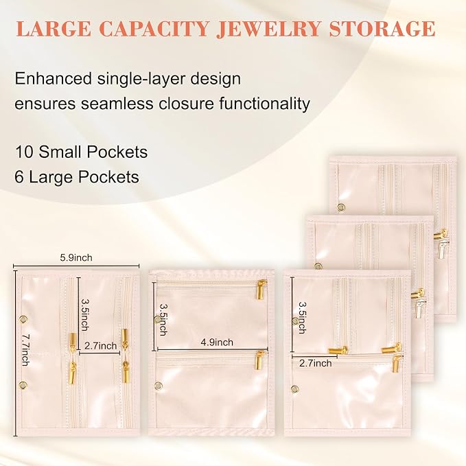 Travel Jewelry Organizer for Women, Jewelry Organizers and Storage with Detachable Zipper Pouches, Tangle-Free Jewelry Travel Case for Necklaces, Earrings, Rings & Bracelets, (Off-white)