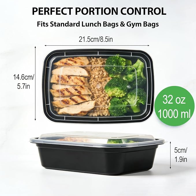 KUMD 20 Pack(40 Pieces) 32 oz Meal Prep Containers with Lids, Leakproof Food Storage Containers for Adult Office Lunch, Gym, Fitness & Bulk Food Prep, Microwave & Freezer Safe Reusable Plastic Tubs