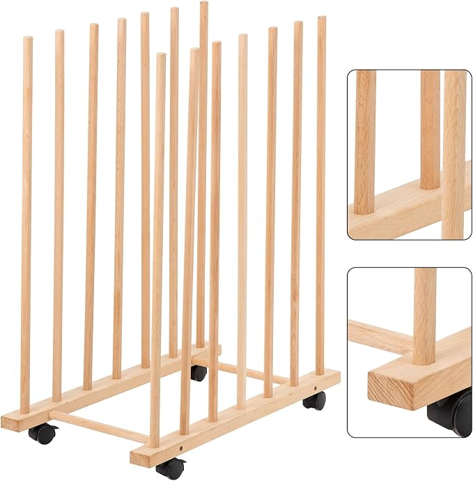 Large Art Drying Rack with Four Caster Wheels, Wooden Canvas Storage Stand | Can Well Hold Up to 60" Drawing Boards, Prints, Panels, Paintings, and Artworks Display