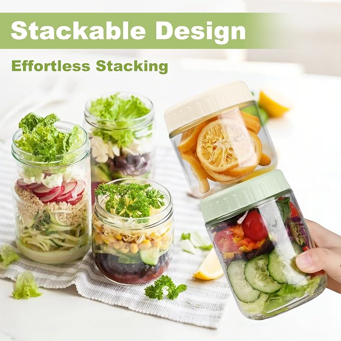 SHOWIN Overnight Oats Containers with Lids, Glass Jars with Lids 4 pcs, Wide Mouth Mason jars for Salad, Yogurt, Snacks, Meal Prep