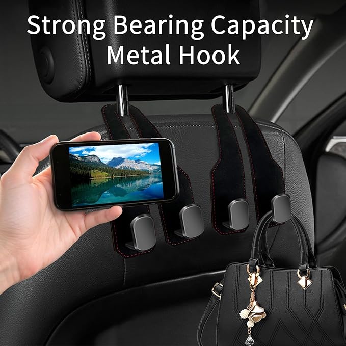Car Seat Headrest Hooks for Purses and Bags, 2 Pack Bag Purse Holder for Car With Double Metal Hooks, Car Purse Hanger, Headrest Back Seat Handbags Hook Cute Hanging Accessories, Black
