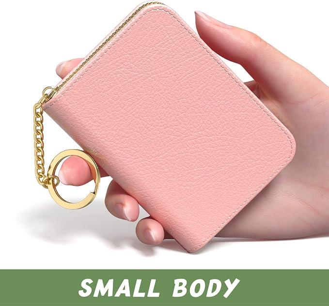 Aiawoxc Credit Card Holder for Women, Small RFID Wallet Slim Leather Business Card Organizer Case with Zipper and Keychain, Pink