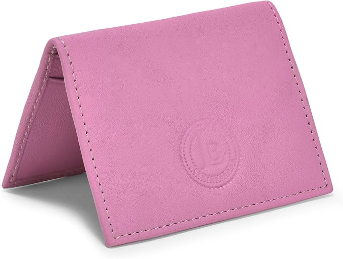 Leatherboss Slim Thin Leather Credit Card Id Mini Wallet Holder Bifold Driver's License Safe (Pink)