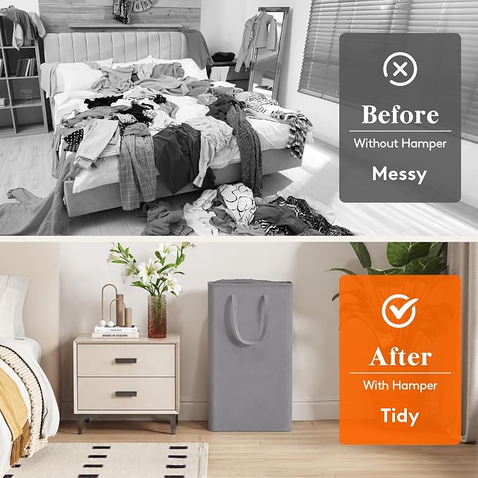 Lifewit Slim Laundry Hamper, Narrow Small Laundry Basket with Handle for Dirty Clothes, Collapsible Tall Thin Laundry Bin for Bathroom Bedroom Dorm College, 75L, Grey