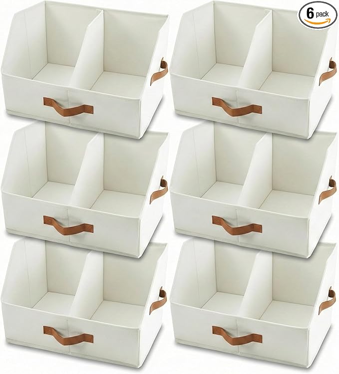Closet Organizers And Storage - UPGRADED HEIGHT Trapezoid Storage Bin W/ Handles & Adjustable Dividers, Fabric Collapsible Storage Bins For Clothes Storage & Shelf Organizer (6pcs, Medium, Ivory)