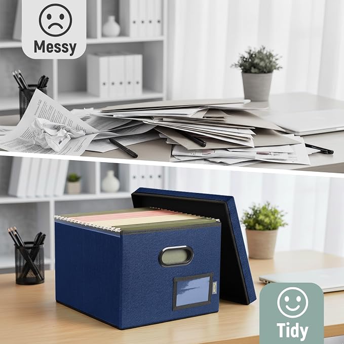 BALEINE File Organizer Box with Lid, Collapsible File Folder Organizer with Plastic Slide, Filing Box for Office Home Document Organizer Storage (Blue, 2PK)