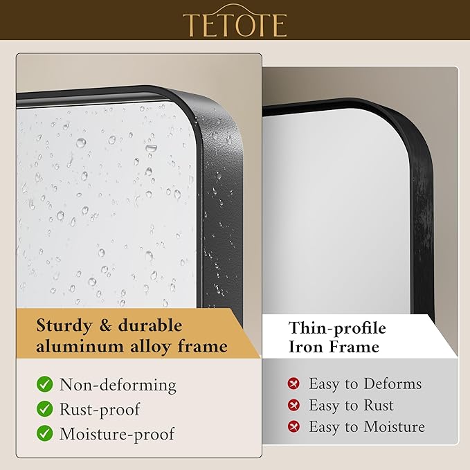 TETOTE Black Framed Bathroom Mirror, 24 x 32 Inch Matte Metal Frame Vanity Mirror, Farmhouse Wall Mounted Rectangle Mirror (Horizontal/Vertical)