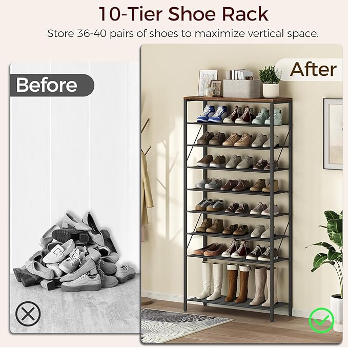 MAHANCRIS 10 Tier Shoe Rack Organizer for Closet, Holds 36-40 Pairs, Tall Metal Shoe Storage Shelf for Dorm, Entryway, Sturdy Freestanding Shoe Rack Space Saving, Large Capacity, Rustic Brown
