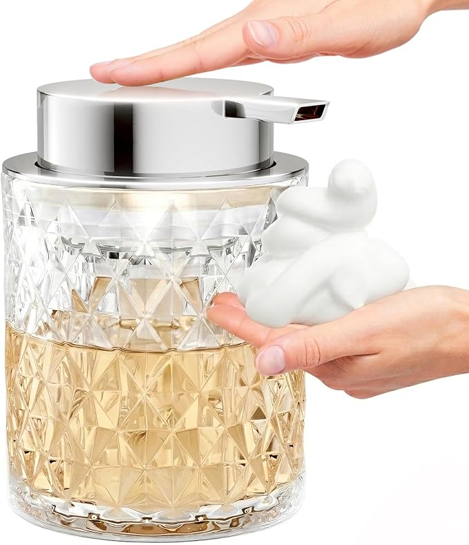 Bathroom Accessory Set, Foaming Soap Dispenser, Glass Hand Foaming Soap Dispenser, Refillable Clear Pump Bottles for Liquid or Lotion, Crystal Decorative Handwash Dispenser for Bathroom, Kitchen