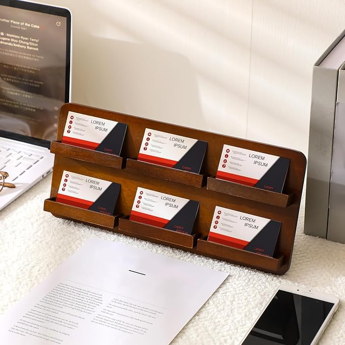 Leinuosen 2 Tier Wood Multiple Business Card Holder Desktop 6 Slot Business Card Holder for Desk Gift Postcard Display Rack Pamphlet Display Stand for Office Meeting Home Men Women(12.99 x 6.3 Inch)