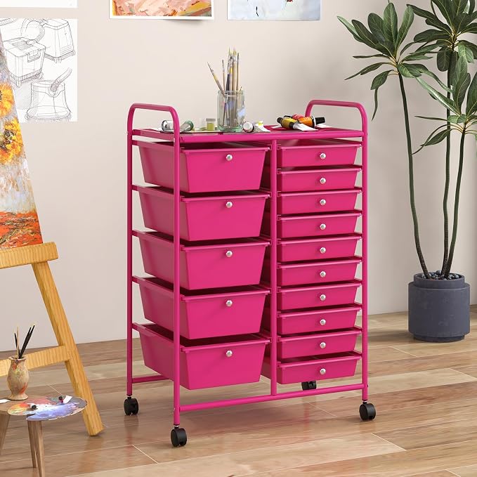 RELAX4LIFE 15-Drawer Storage Drawer Carts - Mobile Rolling Utility Cart w/Wheels, Craft Organizer for Classroom Organization and Storage, School, Office, Home, Storage Organizer Cart