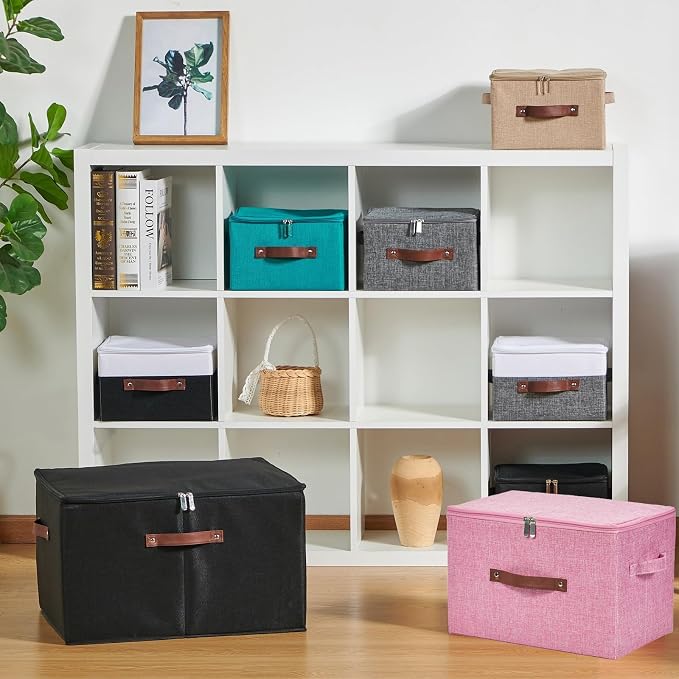 Storage Bins with Zipper Lid Cotton Linen Fabric Lidded Storage Baskets Boxes Foldable Washable Closet Shelf Clothes Organizer Container with PU Leather Handles (Pink, Large)