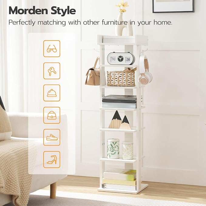HOOBRO Vertical Shoe Rack for Front Door Entryway, 7 Tier Wooden Shoe Storage Organizer with Hooks, Narrow Shoe Tower for 7 Pairs, Space Saving, for Corner, Closet, Bedroom, White WT61XJ01