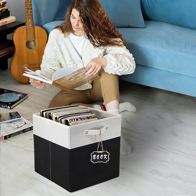 13x13x13 Inch Large Foldable Fabric Linen Cube Storage Bins【4-pack】, with Cotton Handles Closet Bins for Cabinet Shelves Home Organization and Storage bins(White&black)