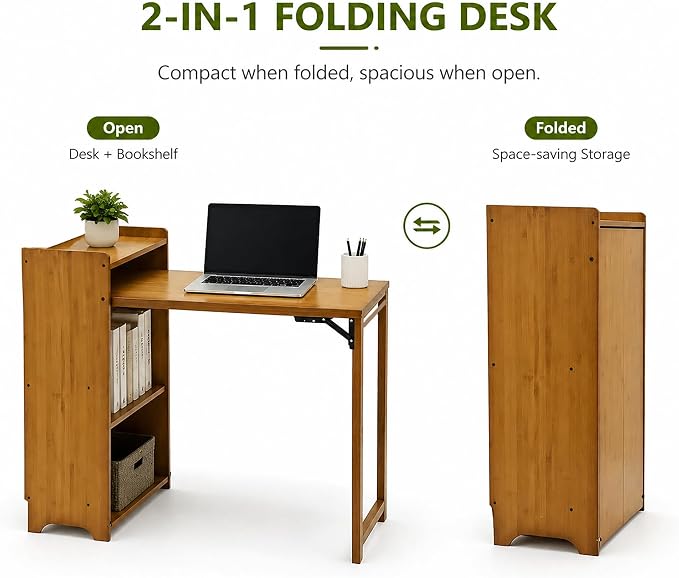HDDFER Bamboo Folding Desk for Small Spaces,Hidden Desk with Storage Shelf, Foldable Computer Desk for Bedroom Home Office, Mid Century Modern Fold Out Table Writing Table, Brown