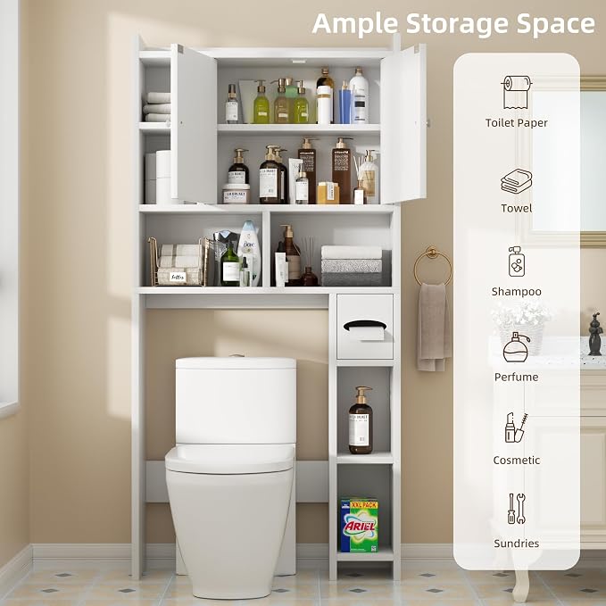 Shintenchi Over the Toilet Storage Cabinet, Bathroom Storage Cabient with Barn Doors, Bathroom Storage Shelf Organizer with Toilet Paper Holder, Adjustable Shelf and Anti-Tip Device, White