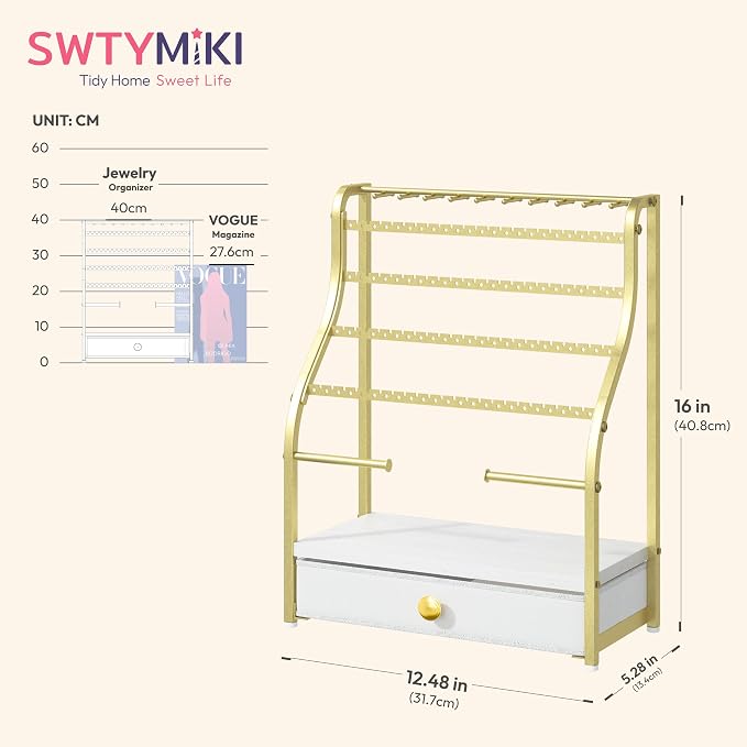 SWTYMIKI Earring Holder Organizer - Jewelry Organizer Stand with Necklace Hooks, Watch Rods, Nonwoven Drawer, Large Capacity Jewelry Display for Stud Earring Bracelet Necklace Ring, Gold