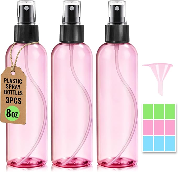 3 Packs 8 oz Pink Plastic Spray Bottles, Black Fine Mist Sprayer | Refillable Empty Bottles with Cap, For Essential Oils, Perfumes, Travel, Cleaning Solutions, With Labels & Funnel