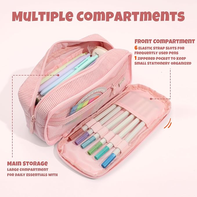 SUNEE Pencil Case, Large Capacity Pencil Pouch, Aesthetic Big Pen Bag, Soft Corduroy Pen Box for Office Stationery Organizer School Supplies Multifunctional for Teen Boys Girls Women Men, Soft Pink