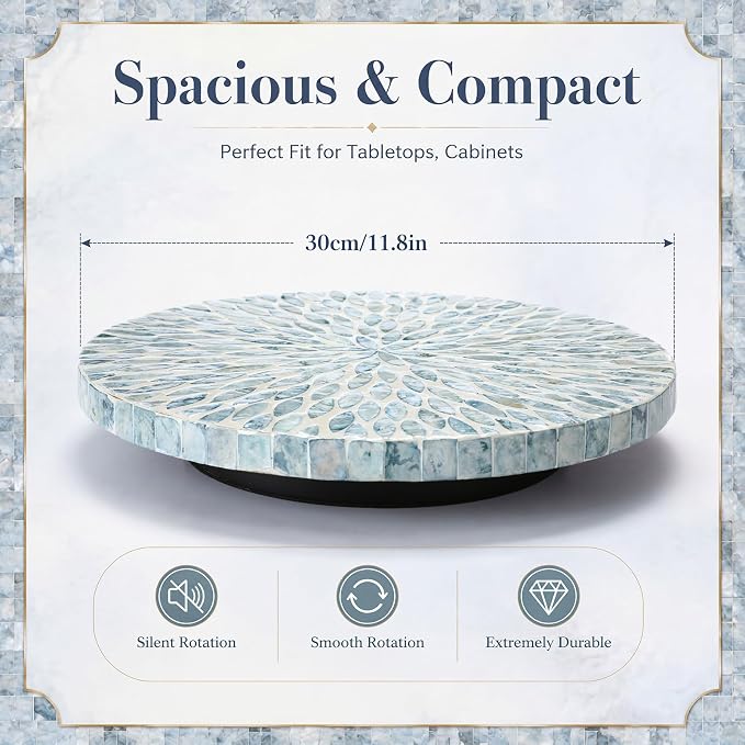 Reallnaive Mother of Pearl Lazy Susan for Table Turntable Organizer Marble Patterned Lazy Susan Wood Spinning Tray Rotating for Kitchen Cabinet Spice Pantry 12 Inch(Round,Blue Floral Petal)