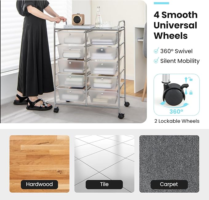 Moccha 10-Drawer Rolling Storage Cart - Under Desk Storage Drawers with wheels for Craft Art Supply Paper Salon, Scrapbook Paper Tools, Mobile Utility Cart for Classroom, Clear