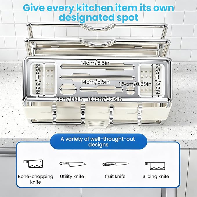 Multifunctional Cutting Board Organizer Large Capacity Knife Holder | Knife Drying Rack Kitchen Countertop Pot Lids Organizer, Knife Block Holder with Drain Tray Utensil Holders Storage Stand