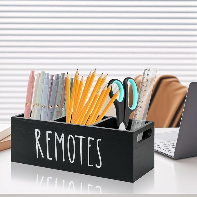 Remote Control Holder, Wooden TV Remote Holder for Table, Remote Caddy Organizer with 3 Compartments, Media Storage Box for Nightstand, Couch (Black)
