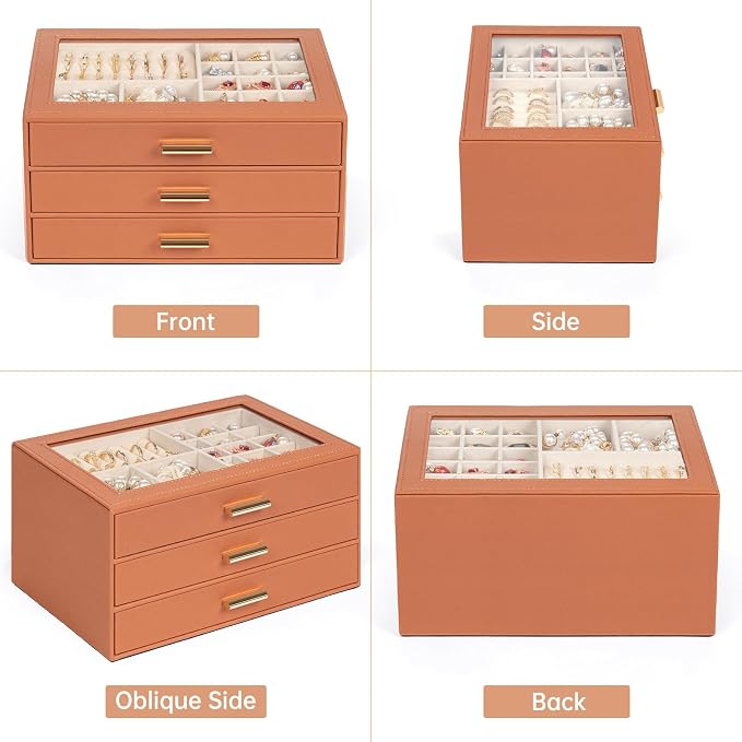 AKOZLIN Jewelry Box with Clear Lid Functional Leather Jewelry Storage Organizer Case 3 Drawers for Women Girls Necklace Ring Bracelet Earring