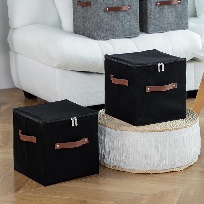 4PCS Storage Cubes with Zippered Lids Fabric Storage Bins Boxes | with 3 PU Leather Handles Cotton Linen Decorative Foldable Washable Lidded Shelf Closet Organizer Container (Black, 11 Inch)