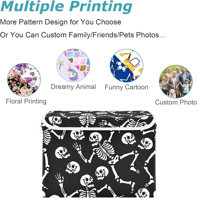 CaTaKu Skull Black Storage Bins with Lids,Halloween Fabric Large Storage Container Cube Basket with Handle Decorative Storage Boxes for Organizing Clothes Shelves