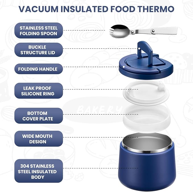Itslife 14oz Vacuum Insulated Soup Thermo for Hot Food, Kids Lunch Container with Leakproof Buckle Lid, Wide Mouth Stainless Steel Food Jar with Spoon