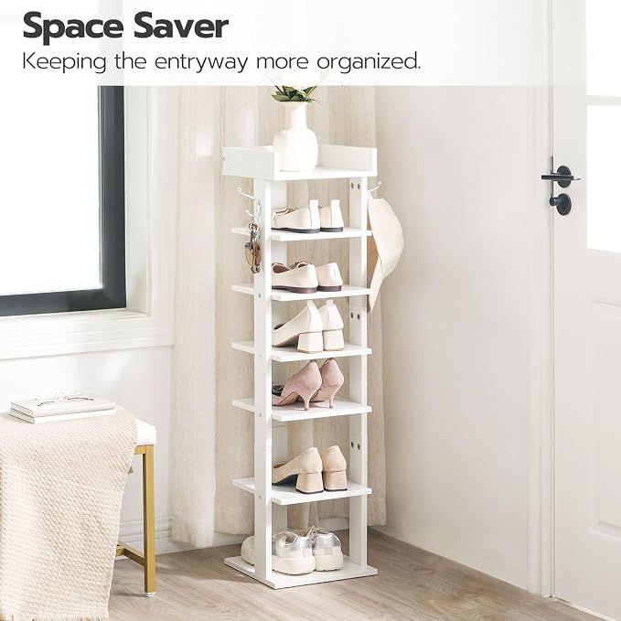 HOOBRO Vertical Shoe Rack for Front Door Entryway, 7 Tier Wooden Shoe Storage Organizer with Hooks, Narrow Shoe Tower for 7 Pairs, Space Saving, for Corner, Closet, Bedroom, White WT61XJ01