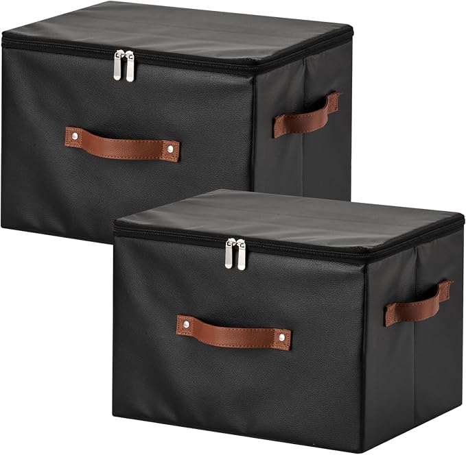 2PCS Storage Bins with Zipper Lid PU leather Storage Boxes Leather Fabric Collapsible Lidded Baskets Cube with Handle Decorative Shelves Closet Office Organizer Container(Black, Large Size)