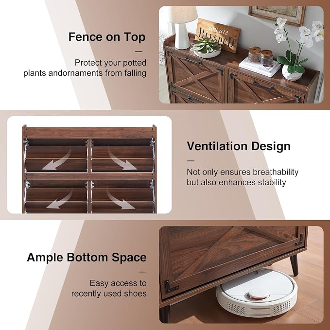 Barnyatoh Shoe Storage Cabinet,Farmhouse Shoe Organizer with 4 Flip Drawers & Barn Door Design,Hidden Slim Narrow Shoe Rack Cabinet for Entryway,Foyer,Hallway,Walnut
