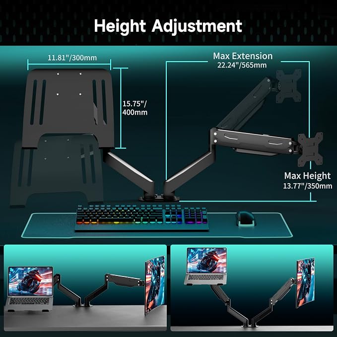 Pholiten Monitor and Laptop Mount for Max 32" Screen and 17" Notebook, Dual Monitor Mount Holds up to 22lbs, Laptop Tray Stand with Gas Spring Arm, VESA 75x75mm 100x100mm