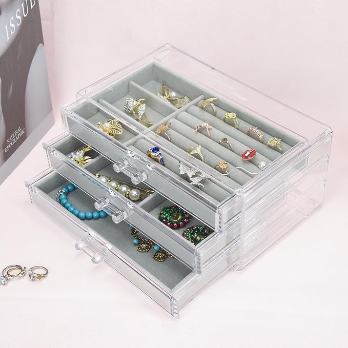 Weiai Acrylic Jewelry Box Organizer 3 Drawer Earring Storage Case Tray for Women
