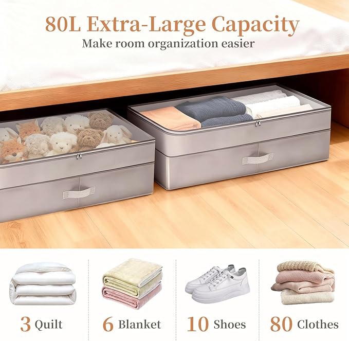 Under Bed Storage with Adjustable Height, Pack of 2 Under the Bed Storage Containers for Clothes, Blankets, & Shoes - 80L Zippered Organizer for Bedroom with Clear Window