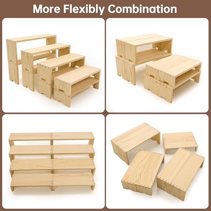 Yikaroeli 2 Set Large Wood Display Risers Display Stands Wooden Cupcake Stand Dessert Food Buffet Risers for Vendor Events 4 Tiered 8Pcs Table Sets Cake for Display