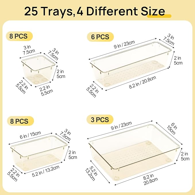 Vtopmart 25 PCS Clear Plastic Drawer Organizers Set, 4-Size Versatile Bathroom and Vanity Drawer Organizer Trays, Storage Bins for Makeup, Bedroom, Kitchen Gadgets Utensils and Office