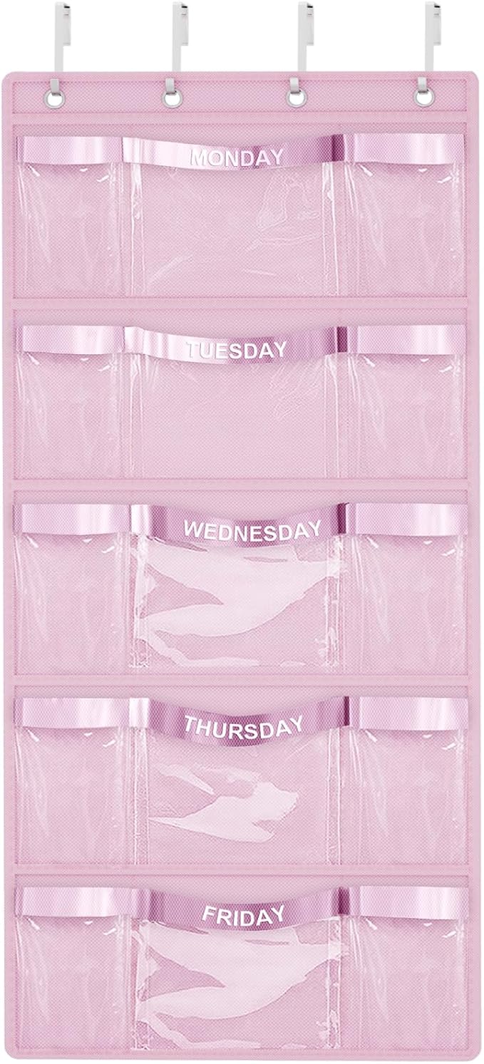Weekly Hanging Closet Organizer for Kids,Day of Week Kids Clothes Organizer,School Clothing Storage Monday to Friday Hanging Closet Organizer Shelves for Bedroom,Bathroom,Dorm (Pink)
